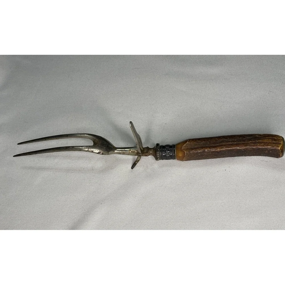 Antique Deer Antler Handle Meat Fork w Streling Rib w Locking Standing Arm